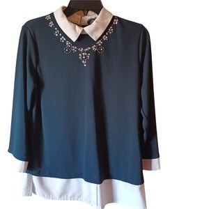 Karl Lagerfeld dark green white collar rhinestone blouse size M